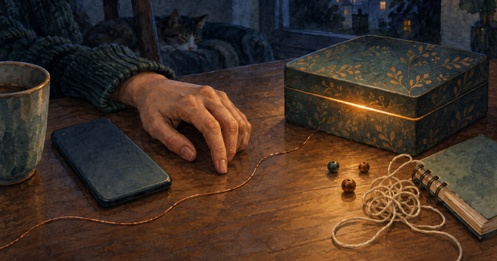Une main repose entre un téléphone retourné et une boîte de loisirs créatifs encore fermée, sur une table en fin de journée.