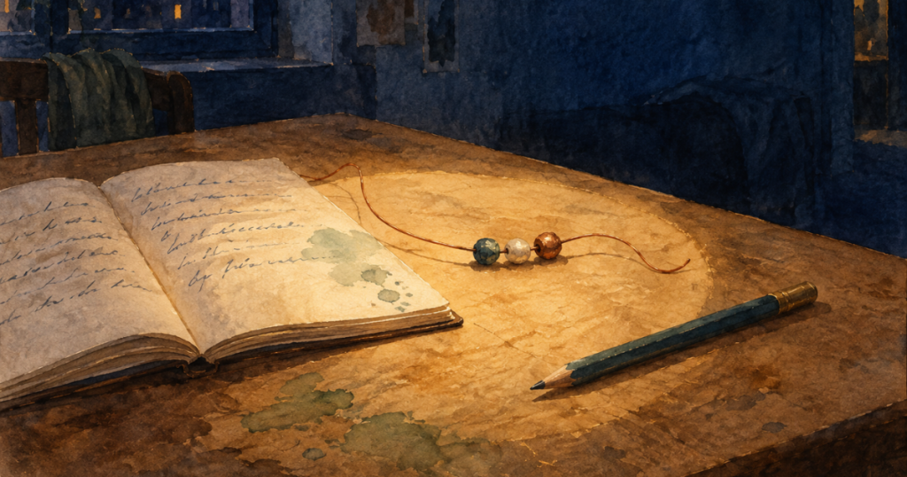 Un carnet, quelques perles enfilées et un crayon reposent dans un cercle de lumière chaude au milieu d'une pièce sombre.